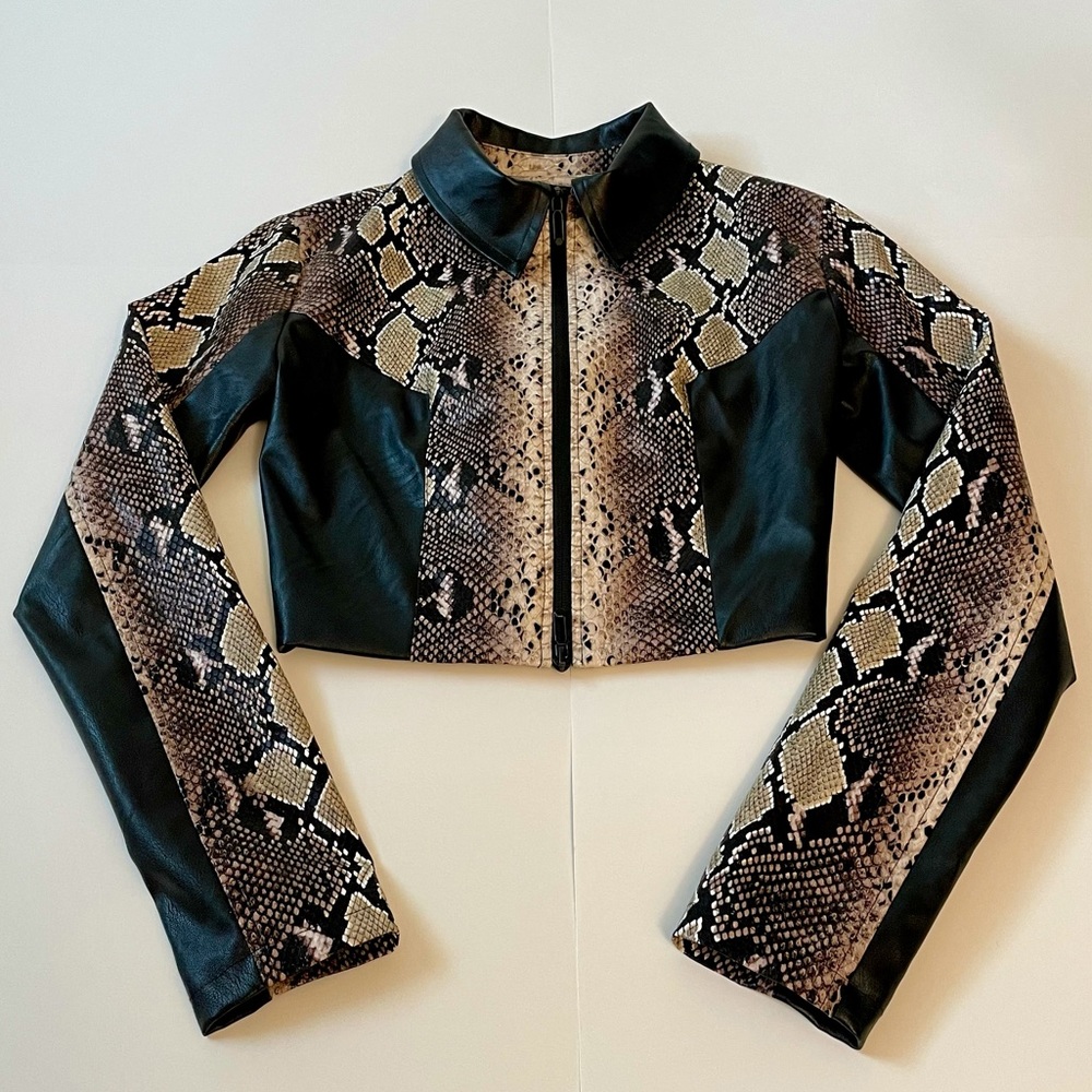 I.AM.GIA Cropped Jacket Lace-Up Back Corset Black, White, Beiges Snake Print XS